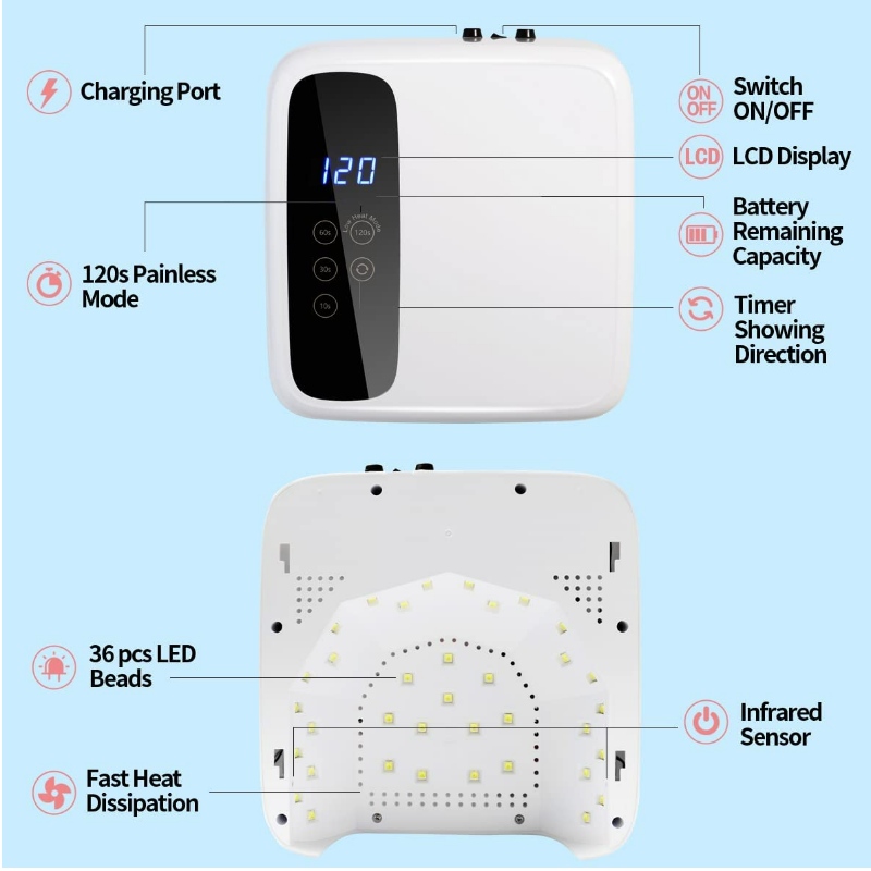 M&r 602pro โคมไฟเล็บ LED ไร้สาย, เครื่องเป่าเล็บไร้สาย, ไฟเล็บ LED ขนาด 72W แบบชาร์จไฟได้ 72W, เจลพกพา UV LED ตะเกียง LED พร้อมเซ็นเซอร์การตั้งค่าตัวจับเวลา 4 ตัวและจอแสดงผล LCD