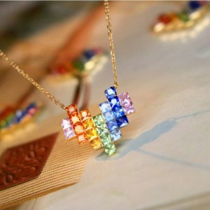 Tuochen Jewelry ใหม่ 18K สีเหลืองทองสีทองแซฟไฟร์สร้อยคอหัวใจสายรุ้ง