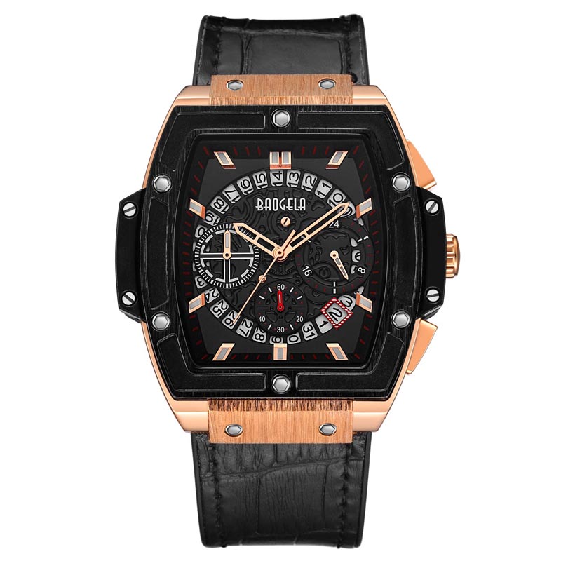 Baogela Brand Fashion Mens Sports กันน้ำข้อมือปฏิทิน Watch Square Square Multifunction Band Mens Watch 1703 Rose Black