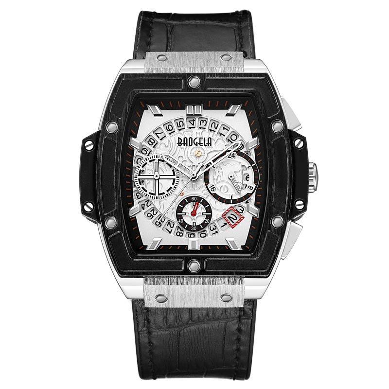 Baogela Brand Fashion Mens Sports กันน้ำข้อมือปฏิทิน Watch Square Square Multifunction Band Mens Watch 1703 Rose Black