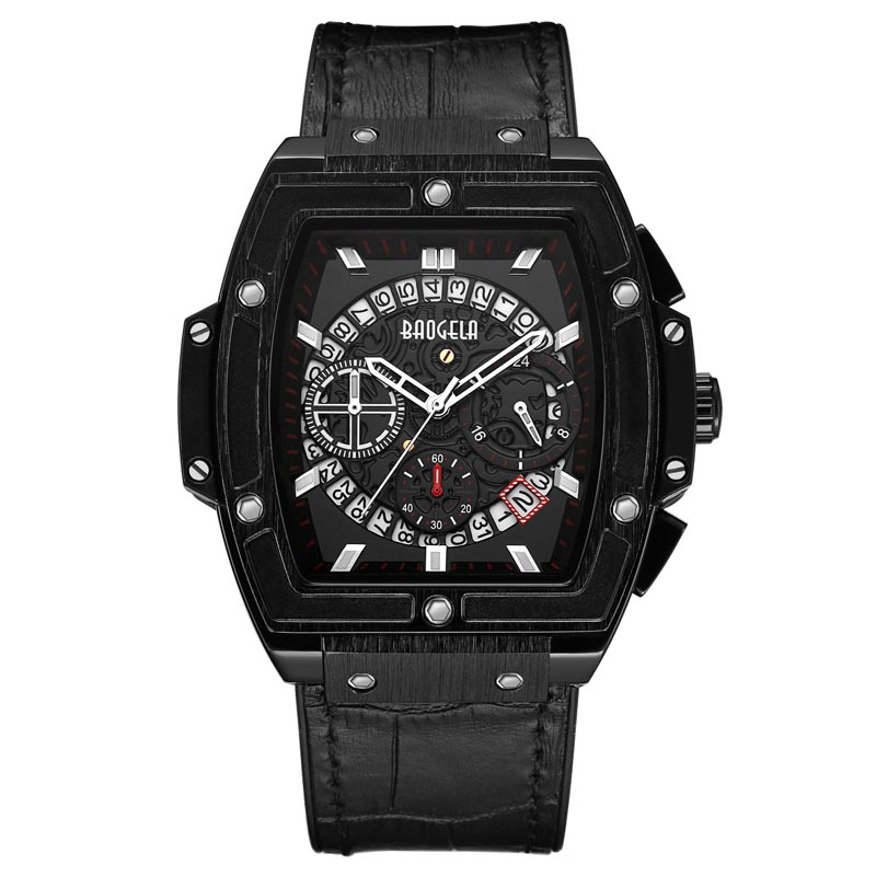 Baogela Brand Fashion Mens Sports กันน้ำข้อมือปฏิทิน Watch Square Square Multifunction Band Mens Watch 1703 Rose Black