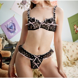 น่ารัก Polka Dot Print Lace Trim Trim Set พร้อมด้านหน้าธนูเล็ก ๆ