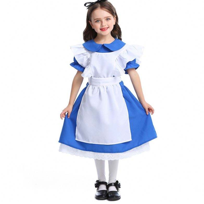 หญิงสาวฮาโลวีนรัฟเฟิลเล็ตม็กเอวสีฟ้าอลิซในดินแดนมหัศจรรย์คอสเพลย์เด็กด้วยผ้ากันเปื้อนสีขาว 4-12 ปี DGHC-070