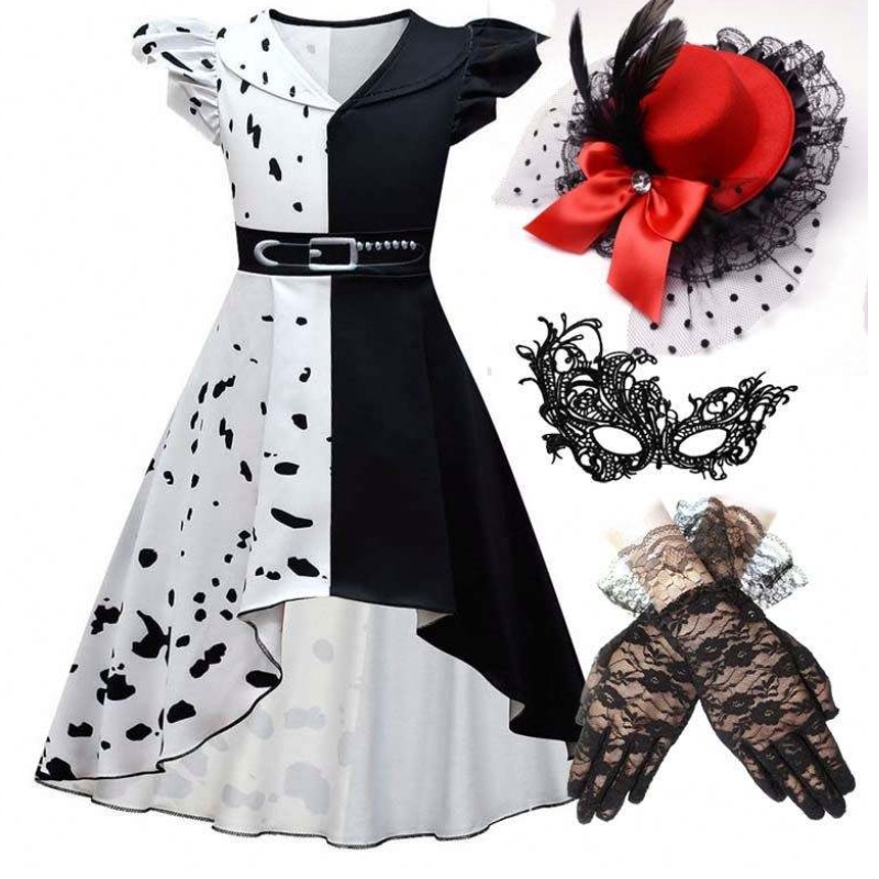 เครื่องแต่งกายคอสเพลย์ฮัลโลวีนสาวสีขาวบทบาทสีขาวเล่น Cruella ชุดเต็มชุด DGHC-141