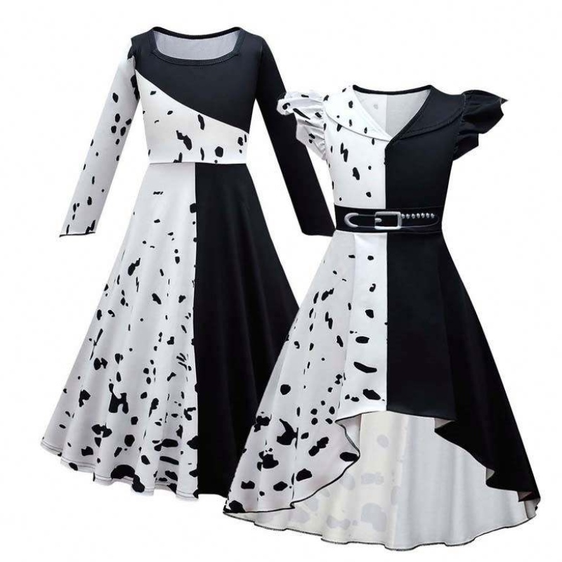 เครื่องแต่งกายคอสเพลย์ฮัลโลวีนสาวสีขาวบทบาทสีขาวเล่น Cruella ชุดเต็มชุด DGHC-141