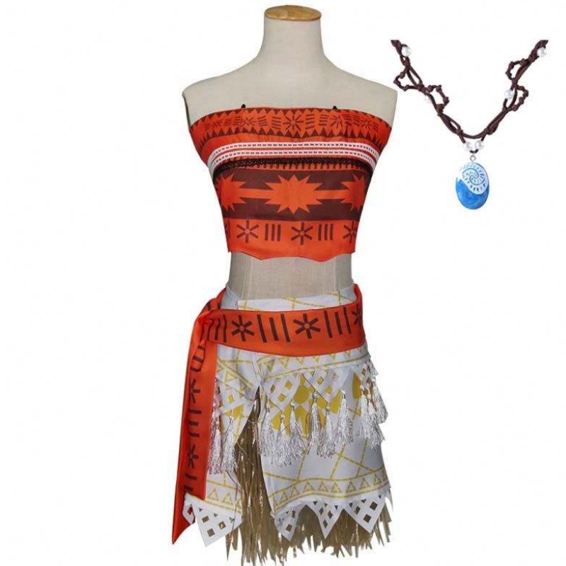 Halloween Party Adult Kids Cosplay Vaiana Princess Moana ชุดแต่งกายสำหรับผู้ใหญ่พร้อมสร้อยคอ HCMO-005