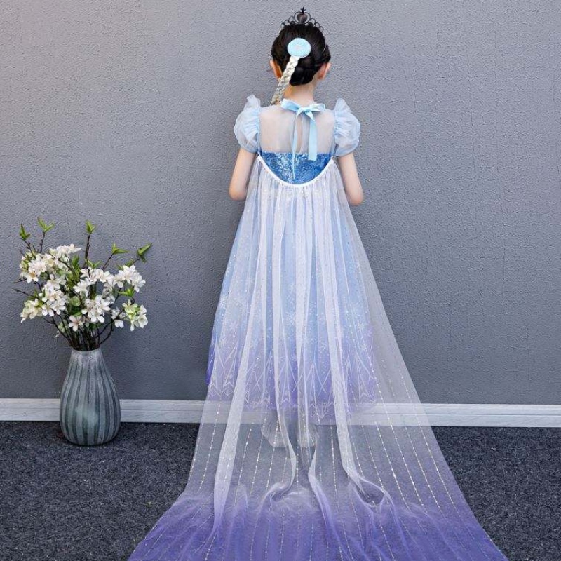 Baige 2021 New Blue Elsa Anna Girl Party Dress Dresses Up Princess พร้อมสร้อยคอทำด้วยมือและ Cape ยาว