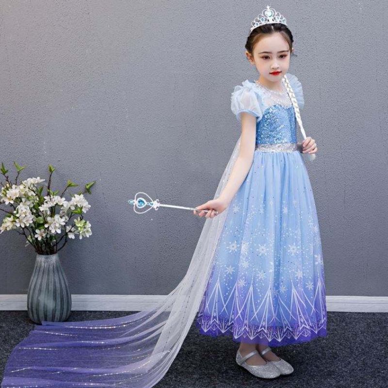 Baige 2021 New Blue Elsa Anna Girl Party Dress Dresses Up Princess พร้อมสร้อยคอทำด้วยมือและ Cape ยาว