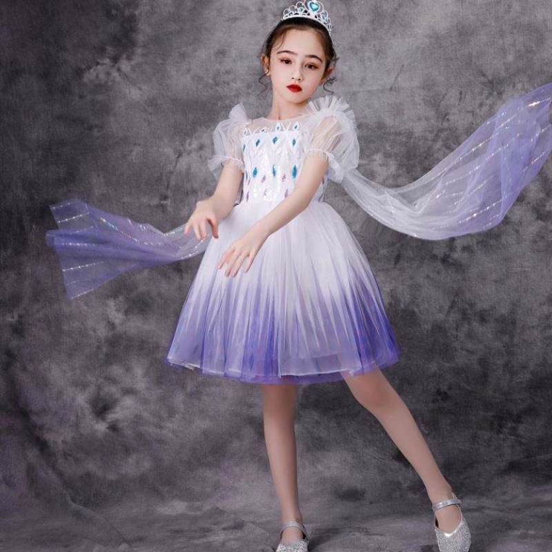 สาวล่าสุด Princess Elsa เครื่องแต่งกายเด็กชุดลูกไม้ยาวสีขาวชุดเด็กสวมใส่ชุด bx1682