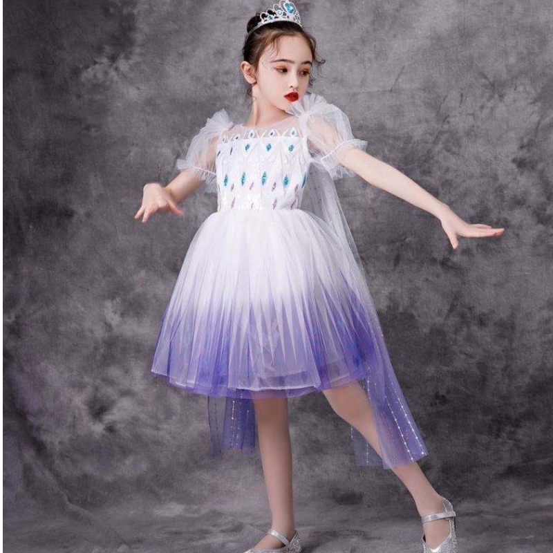 สาวล่าสุด Princess Elsa เครื่องแต่งกายเด็กชุดลูกไม้ยาวสีขาวชุดเด็กสวมใส่ชุด bx1682