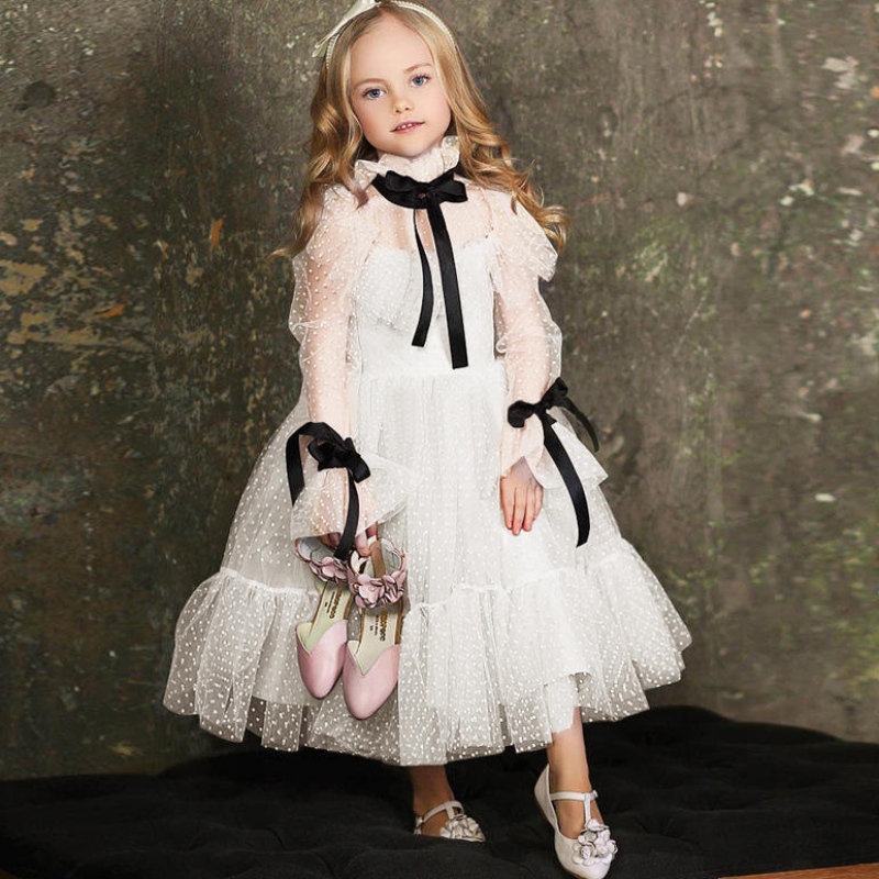 Polka-Dot Tulle Flower Girl Dresses Illusion แขนยาวสาวชุดแต่งงานงานแต่งงาน Ribbons Communion แต่งวันเกิดปีใหม่