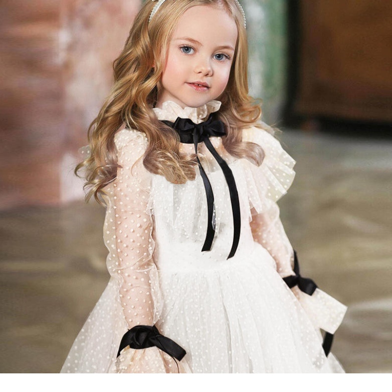 Polka-Dot Tulle Flower Girl Dresses Illusion แขนยาวสาวชุดแต่งงานงานแต่งงาน Ribbons Communion แต่งวันเกิดปีใหม่