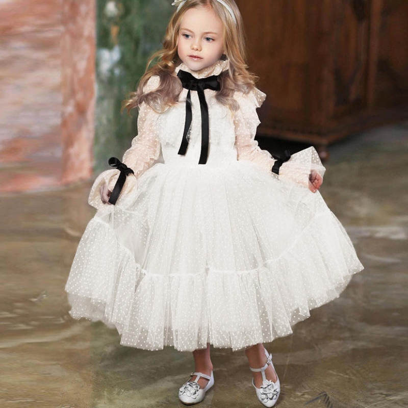 Polka-Dot Tulle Flower Girl Dresses Illusion แขนยาวสาวชุดแต่งงานงานแต่งงาน Ribbons Communion แต่งวันเกิดปีใหม่