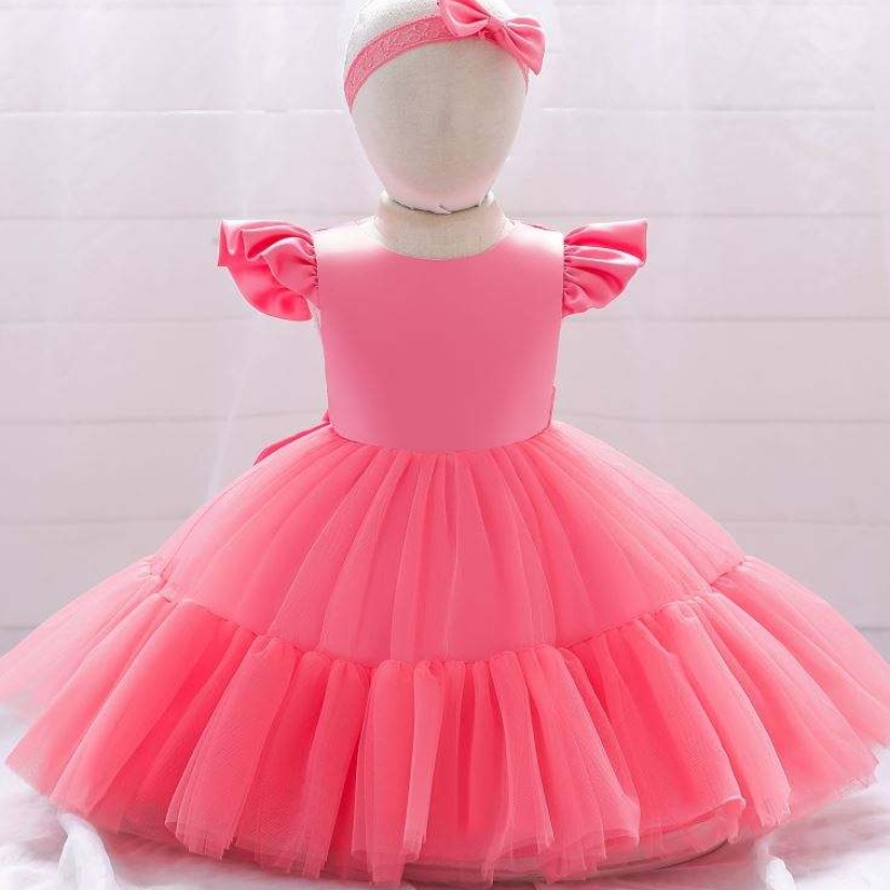 Baige Mesh Satin Princess Girls ชุดวันเกิดสาวน่ารักปาร์ตี้เด็กผู้หญิงชุดการออกแบบสำหรับบัพติศมาด้วยแถบคาดศีรษะ