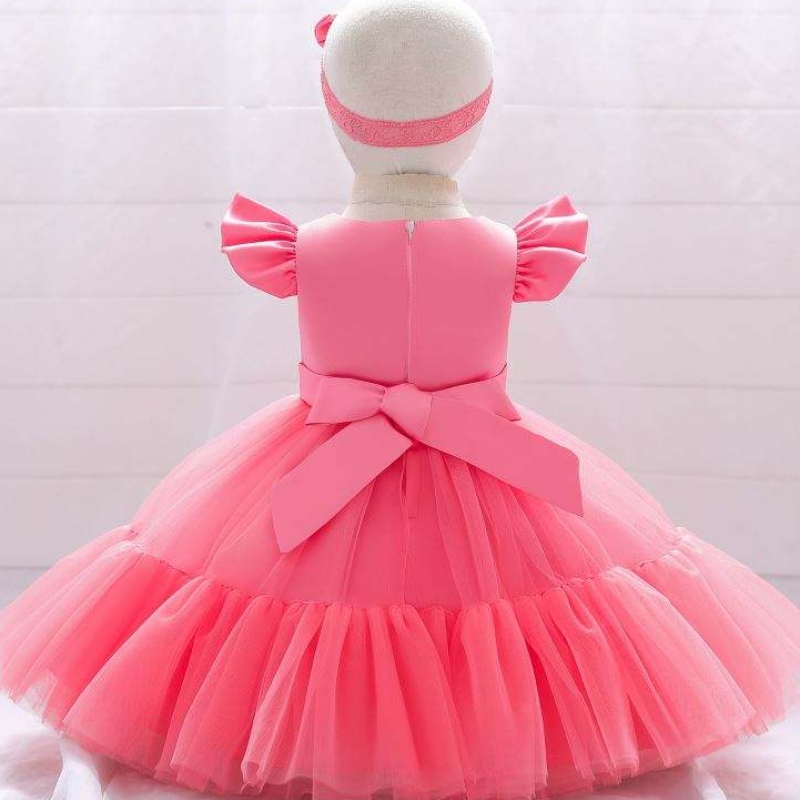 Baige Mesh Satin Princess Girls ชุดวันเกิดสาวน่ารักปาร์ตี้เด็กผู้หญิงชุดการออกแบบสำหรับบัพติศมาด้วยแถบคาดศีรษะ