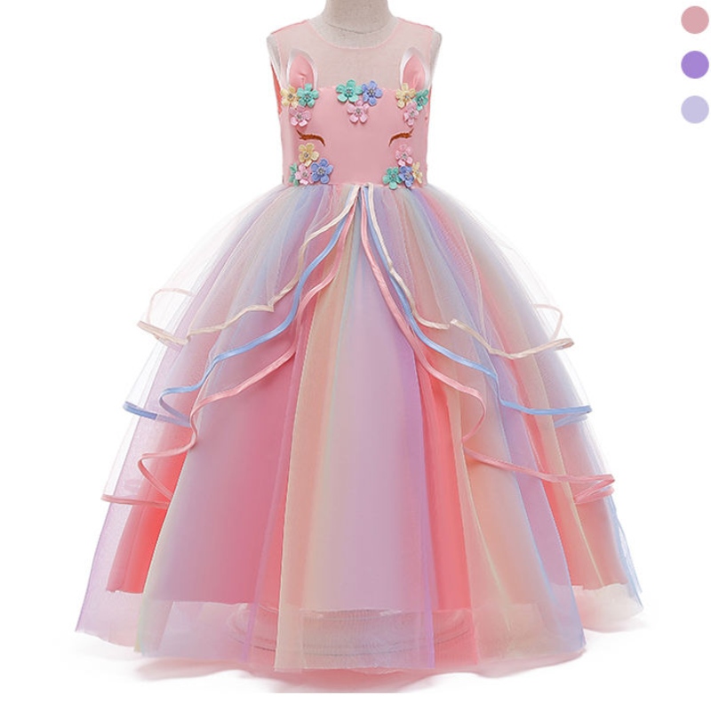 Ansoo Private Custom French Style Luxury Children Long Unicorn Tulle Princess Wedding Party ชุดยูนิคอร์นสำหรับสาว ๆ