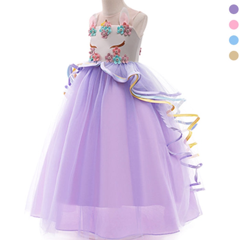 Ansoo Girls Unicorn Dress Applique Party Cosplay Summer Halloween Fancy Weeding Weeding Pink Unicorn Dress สำหรับสาว 2-13y