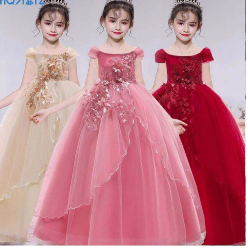 Baige Elegant Kids Long Dress Girls Prom Long Frock Baby Girl Wedding Princess Ball Gown