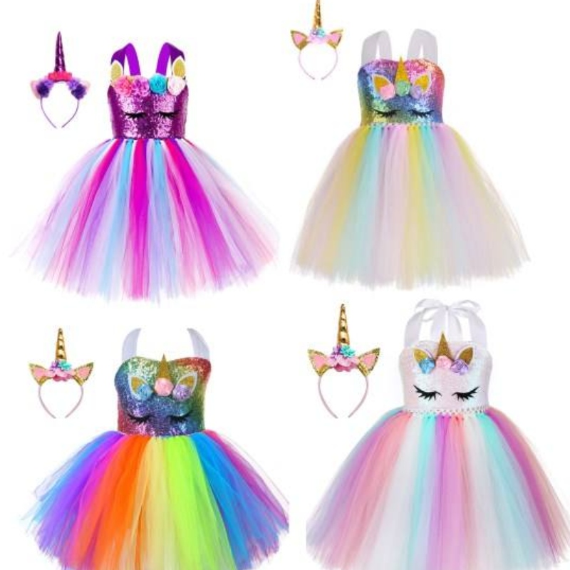 เด็กวัยหัดเดินเด็กสาววันเกิดบอลปาร์ตี้คอสเพลย์ชุดไฟ LED UP Rainbow Unicorn Fluffy เลเยอร์ Tulle Tutu Dress พร้อมแถบคาดศีรษะ