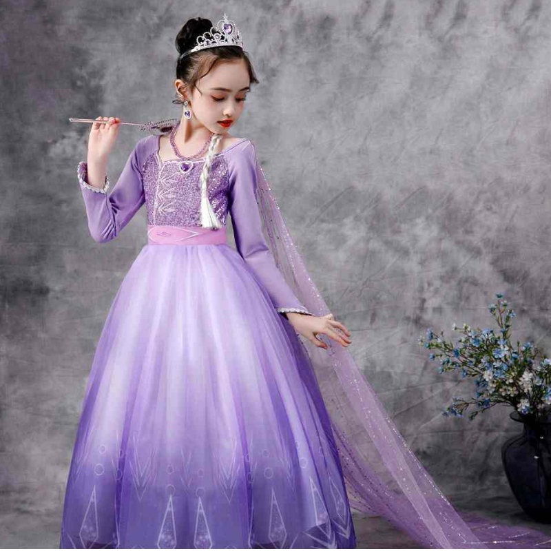 Baige Snow Queen Purple Elsa Dress Christmas Halloween Anna เครื่องแต่งกายหญิงสาวแขนยาวปักปักเลื่อม