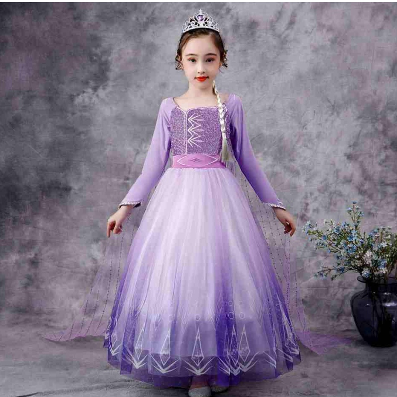 Baige Snow Queen Purple Elsa Dress Christmas Halloween Anna เครื่องแต่งกายหญิงสาวแขนยาวปักปักเลื่อม