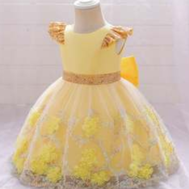 Baige ดอกไม้สีเหลืองสาวชุดเด็กปาร์ตี้ Frock ใหม่อินเดียคอลเลกชันแฟนซีสาวชุดปาร์ตี้ L2021xz