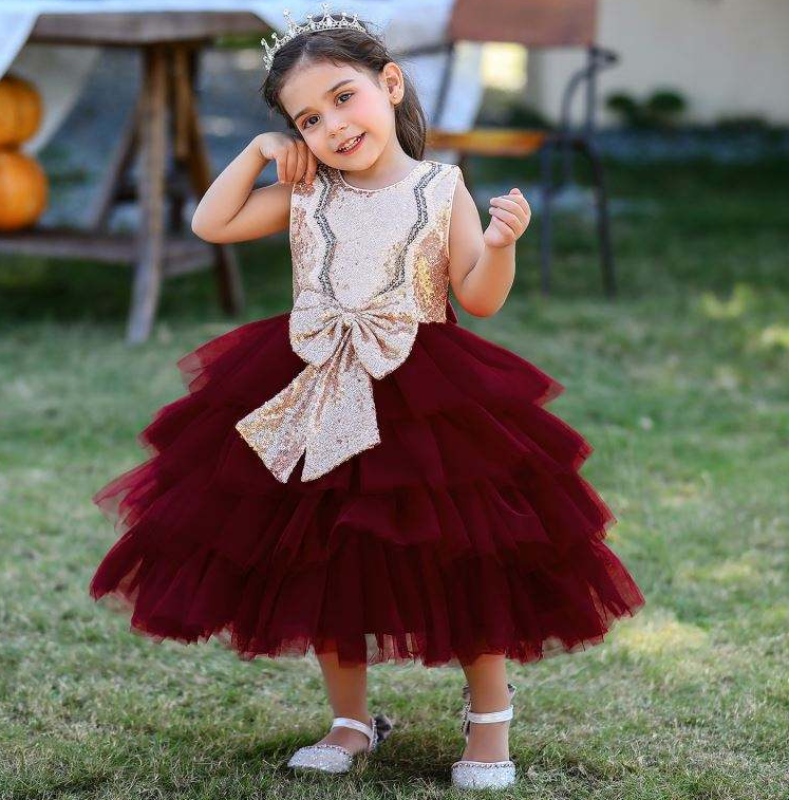 Baige โอกาสทางการ Baige Bow Kids Party ชุดเดรสแขนแขนก้มลูกเสื้อดอกไม้สาว \\ '