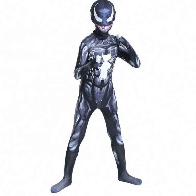 กล้ามเนื้อสีดำบอดี้สูทสำหรับผู้ใหญ่ชายแอ็คชั่นแอ็คชั่น Jumpsuit Spiderman Halloween คอสเพลย์แมงป่องพิษสำหรับการขายเครื่องแต่งกาย