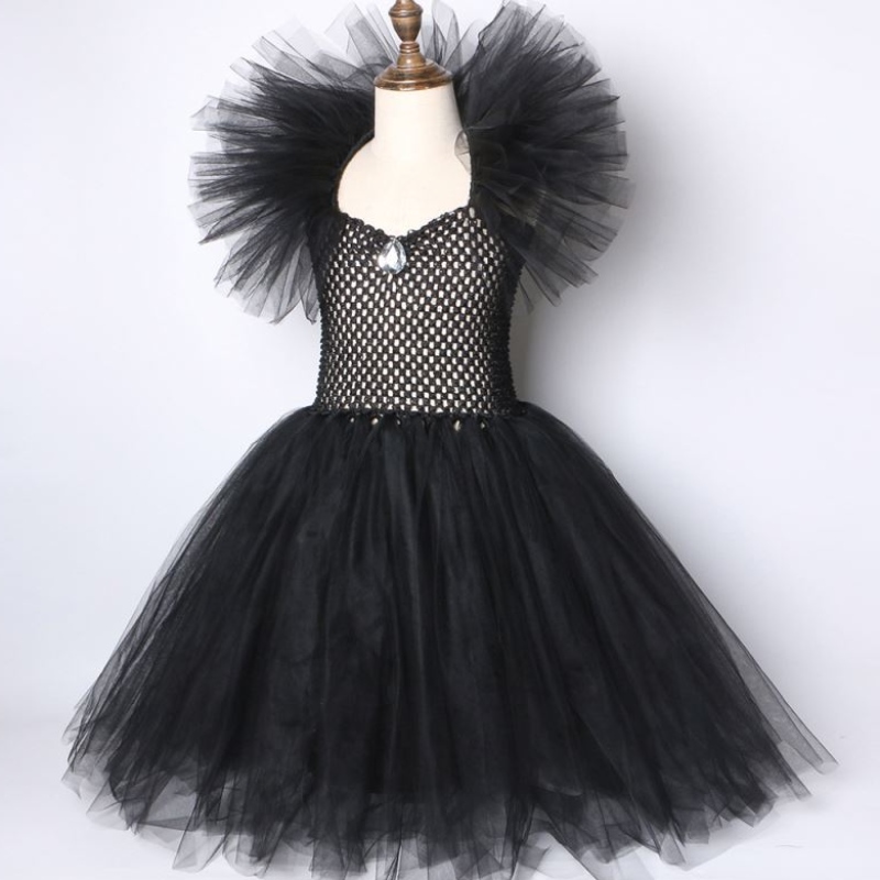 Kids Black Devil Tutu เครื่องแต่งกาย Halloween Girls Fancy Tutu Dress พร้อมผ้าคลุมไหลเธอ Royal Dark Queen Maleficent Gown