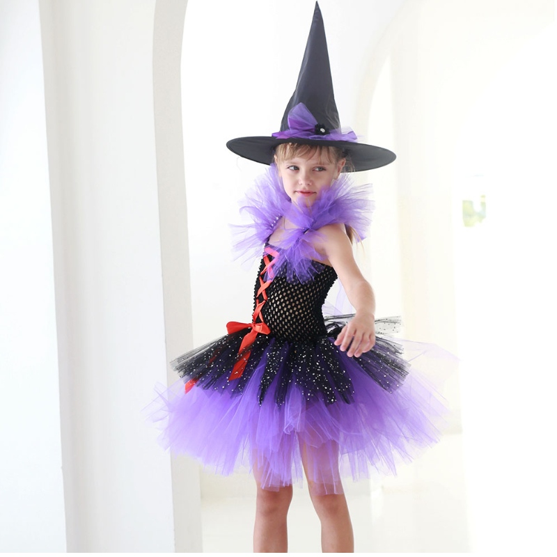 Amazon Hot Selling Tutu Witch Dress เครื่องแต่งกายสำหรับสาว ๆ ที่มีหมวก Witchy Hat Halloween Carnival Party