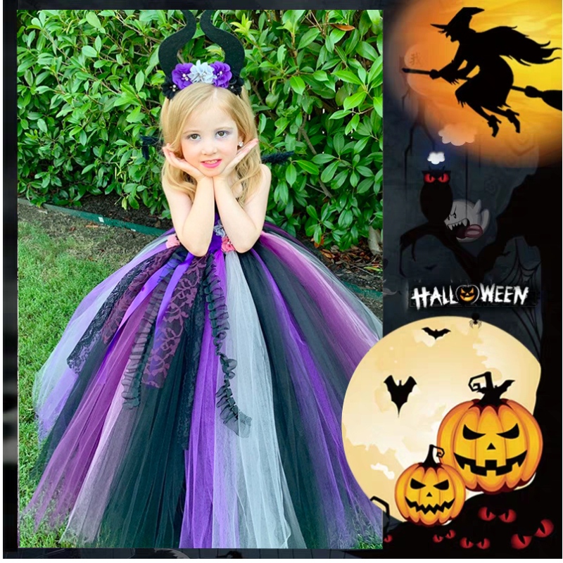 Amazon Hot Selling Girls Halloween Costume Vampire Witch Cosplay Pageant Pageant Party Tutu Dresses