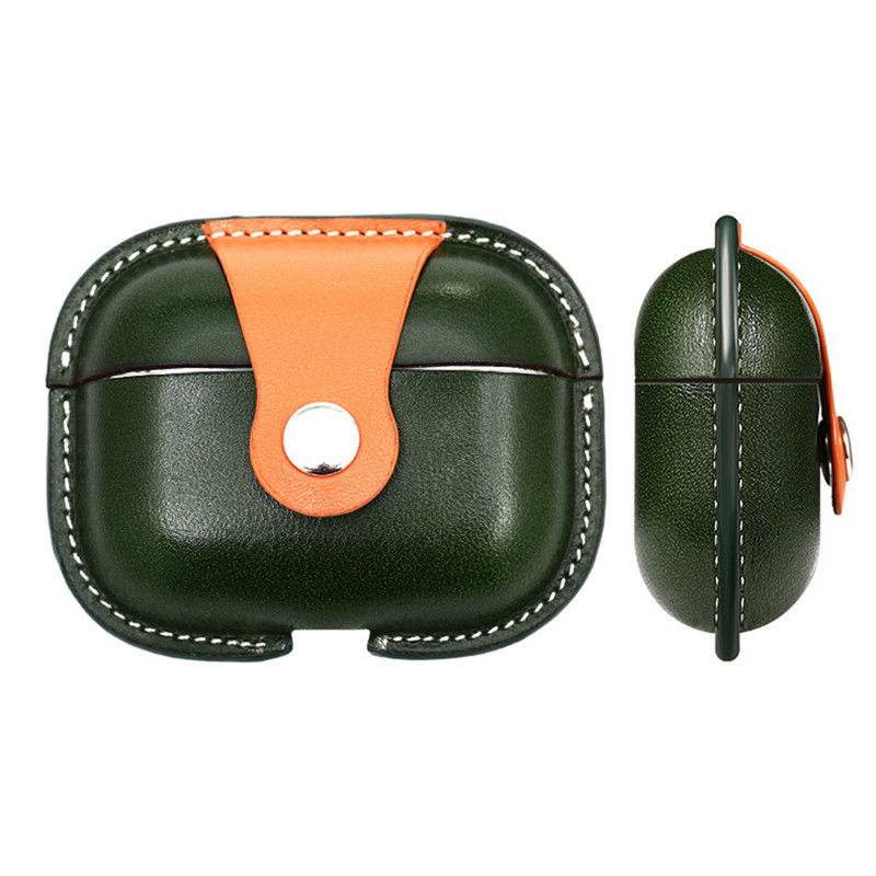 ใหม่ Apple AirPods Pro2 Case, Military Green Color Matching Calfskin Case Integrated Case, Case Leather Case Case Hiefset Cas