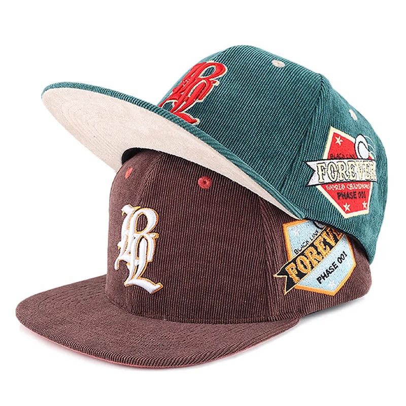 การปักบุรุษแบบกำหนดเอง 5 แผง snapback corduroy หมวกหมวกหมวก