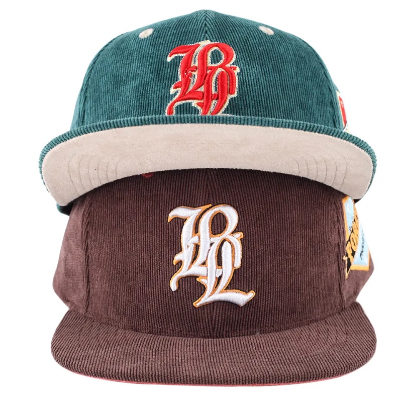 การปักบุรุษแบบกำหนดเอง 5 แผง snapback corduroy หมวกหมวกหมวก