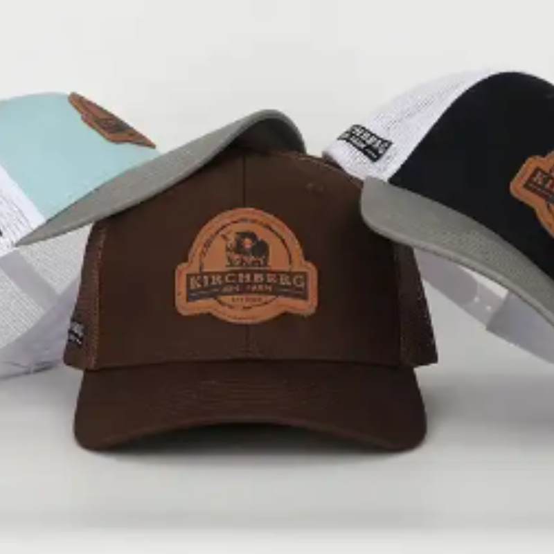 OEM Custom High Leather Patch Logo Mesh Snap Back Gorras Caps, Aplique Cotton 112 Pre Curved Trucker Hats
