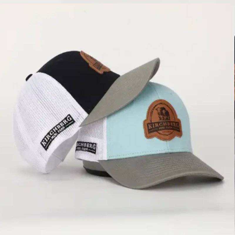OEM Custom High Leather Patch Logo Mesh Snap Back Gorras Caps, Aplique Cotton 112 Pre Curved Trucker Hats