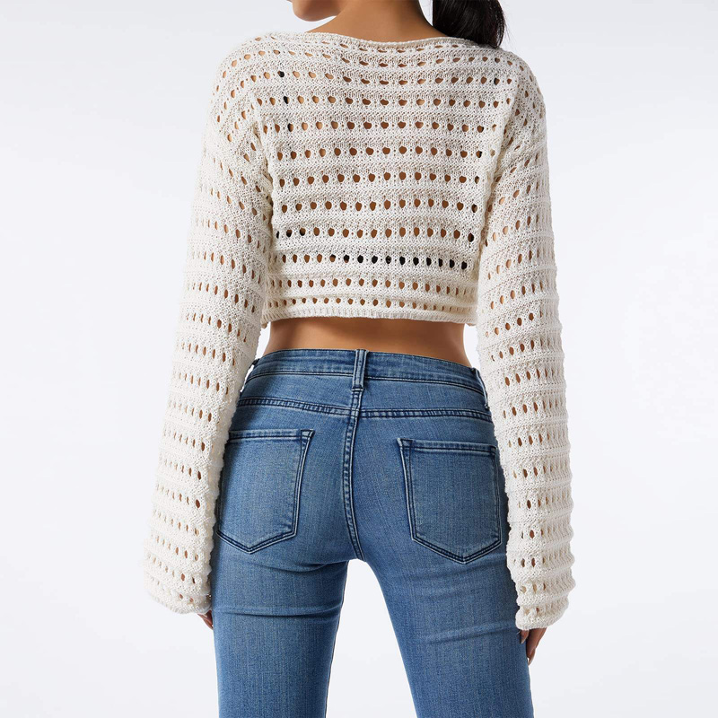 Women Hollow Out Crochet Knit Crop Tops สีบล็อกสีแขนยาวสี่เหลี่ยมคอ