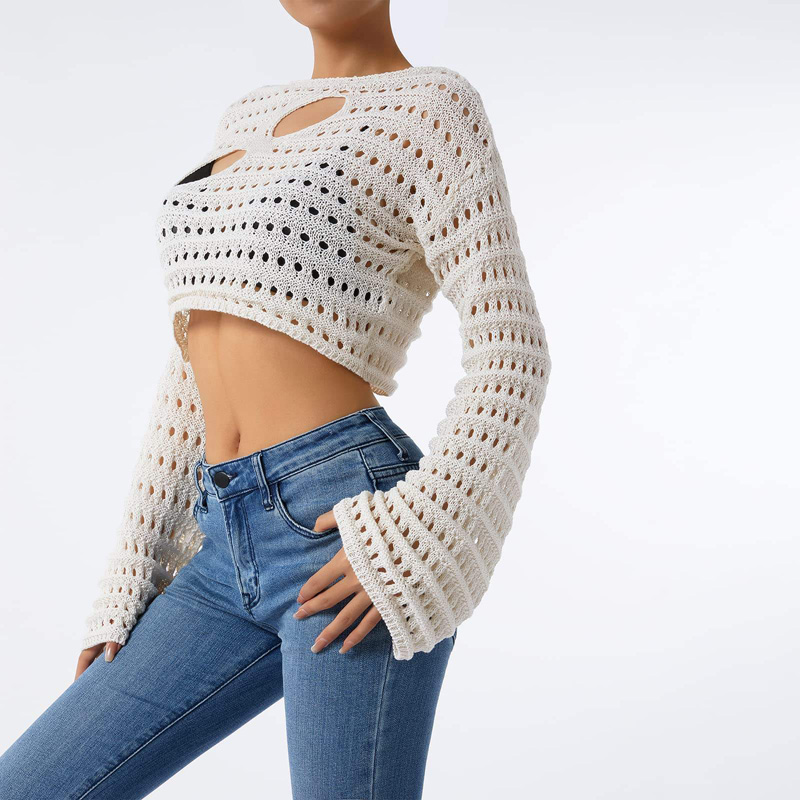 Women Hollow Out Crochet Knit Crop Tops สีบล็อกสีแขนยาวสี่เหลี่ยมคอ