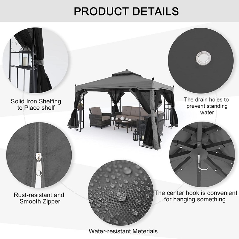 10 \\ 'x 10 \\' เหล็กศาลากลางแจ้งสวน Gazebo Canopy พร้อมผ้าม่านตาข่ายที่ถอดออกได้