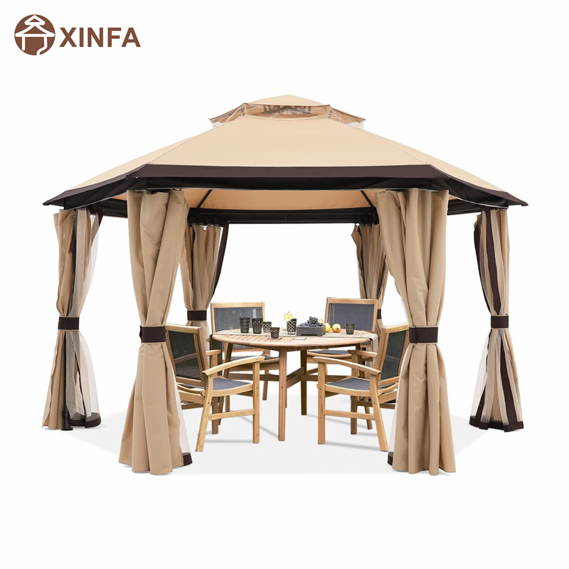10 \\ 'x10 \\' Gazebos สำหรับ Patios Outdoor Hexagonal Gazebo พร้อมตาข่ายและผ้าม่านความเป็นส่วนตัว