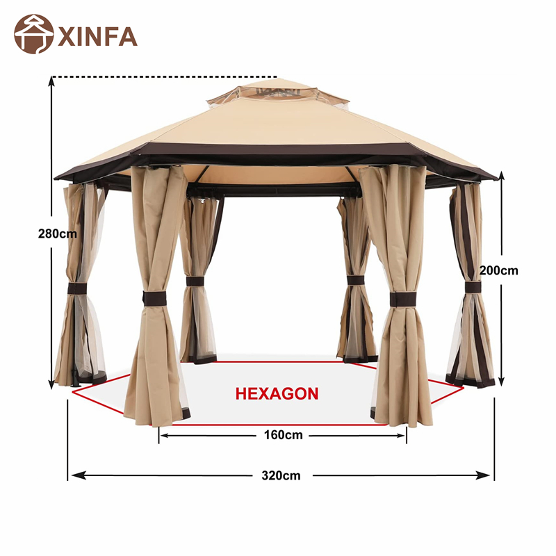 10 \\ 'x10 \\' Gazebos สำหรับ Patios Outdoor Hexagonal Gazebo พร้อมตาข่ายและผ้าม่านความเป็นส่วนตัว