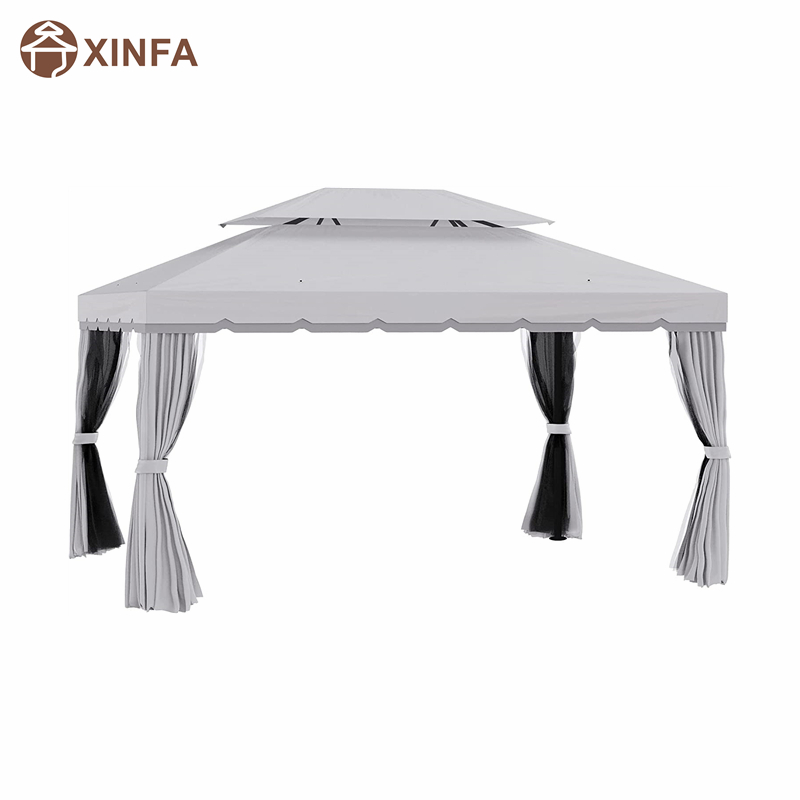 10 \\ 'x 13 \\' Patio Gazebo Roof Double Roof Outdoor Gazebo Canopy Shelter พร้อมตาข่าย&ผ้าม่านสีเทา