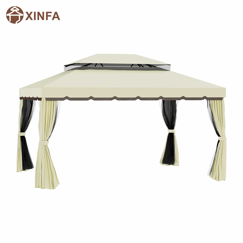 10 \\ 'x 13 \\' Patio Gazebo Roof Double Roof Outdoor Gazebo Shelter ที่พักพิงพร้อมตาข่าย&ผ้าม่านสีเหลืองอ่อน