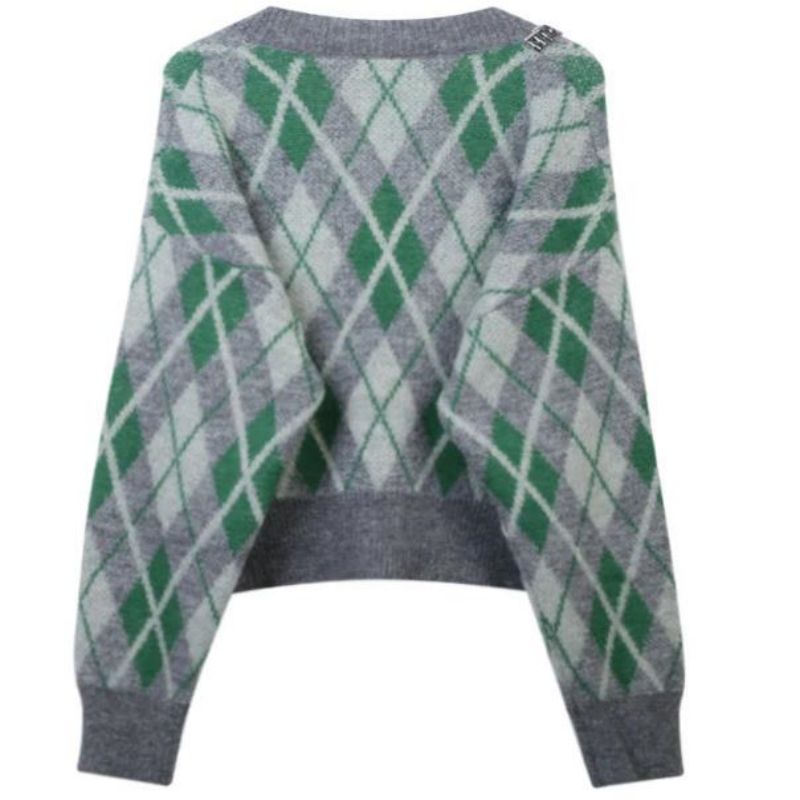 Argyle Jacquard ถักเสื้อสเวตเตอร์เสื้อคลุมเสื้อคลุมคาร์ดิแกนผู้หญิงเสื้อถัก