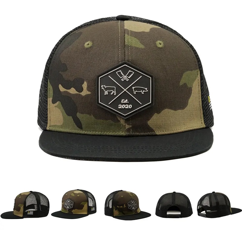 ขายส่ง hip hop hop camo snapback mesh loga patch logo custom 6 panel panel flat brim trucker cap and hat