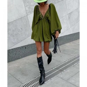 การออกแบบย้อนยุค Wind Casual Wind V-Neck Solid Blouse Autumn Lantern แขนเสื้อ