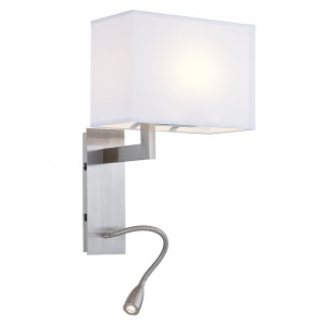 Hospitality Hotel Wall Sconce พร้อมผิวนิกเกิลแปรงและร่มเงาผ้ารูปสี่เหลี่ยมผืนผ้าที่ห้องพักทั่วไปของโรงแรม