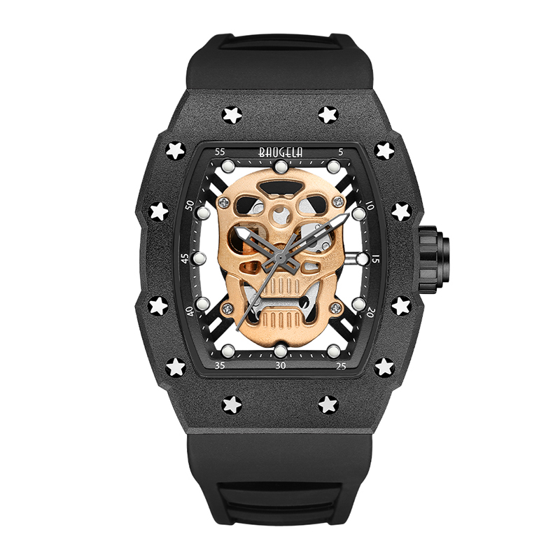 Baogela Skull Tonneau Watch Top แบรนด์ควอตซ์สแตนเลสสตีลนาฬิกากันน้ำนาฬิกาซิลิโคนสายรัดข้อมือนาฬิกากุหลาบ 4141