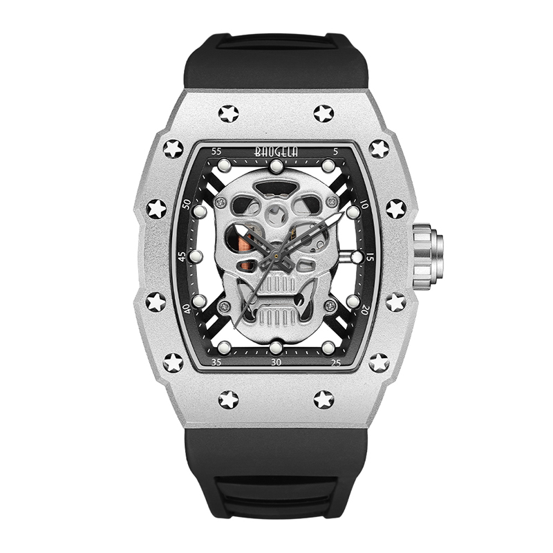 Baogela Skull Tonneau Watch Top แบรนด์ควอตซ์สแตนเลสสตีลนาฬิกากันน้ำนาฬิกาซิลิโคนสายรัดข้อมือนาฬิกากุหลาบ 4141
