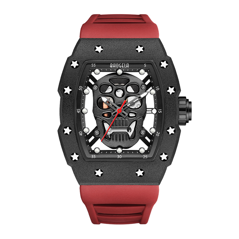 Baogela Skull Tonneau Watch Top แบรนด์ควอตซ์สแตนเลสสตีลนาฬิกากันน้ำนาฬิกาซิลิโคนสายรัดข้อมือนาฬิกากุหลาบ 4141